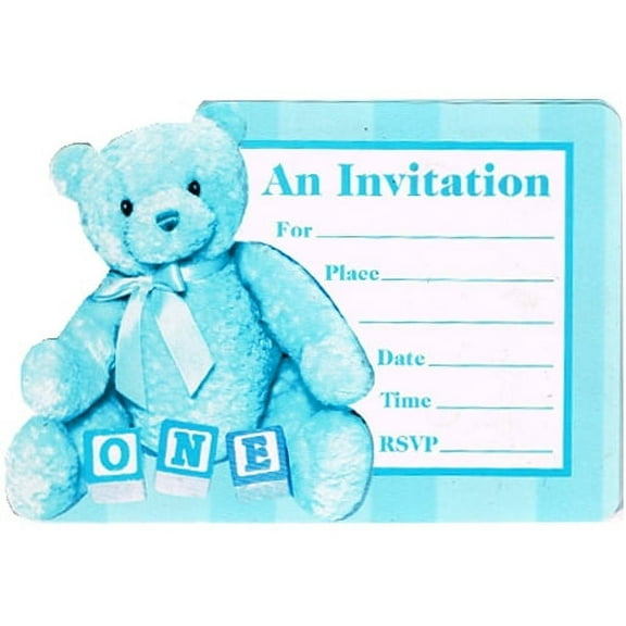 Various Teddy Blue Invitations with Envelopes, 1st Birthday, 8 Count