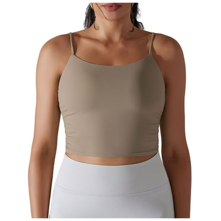 ZIZOCWA Padded Sports Bra Seamless Womens Spaghetti Strap Sports Bra Scoop Neck Wireless Padded Bra Yoga Workout Crop Tops Khaki SizeXL