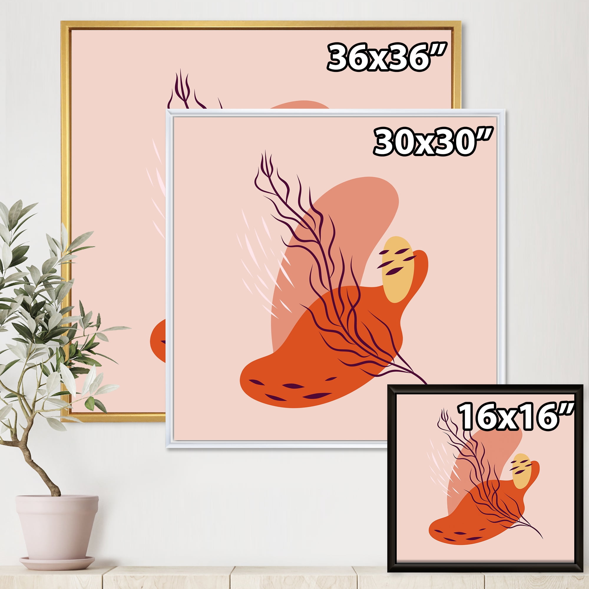 Designart 'Abstract Warm Colors Spring Leaf' Modern Framed Canvas Wall Art Print
