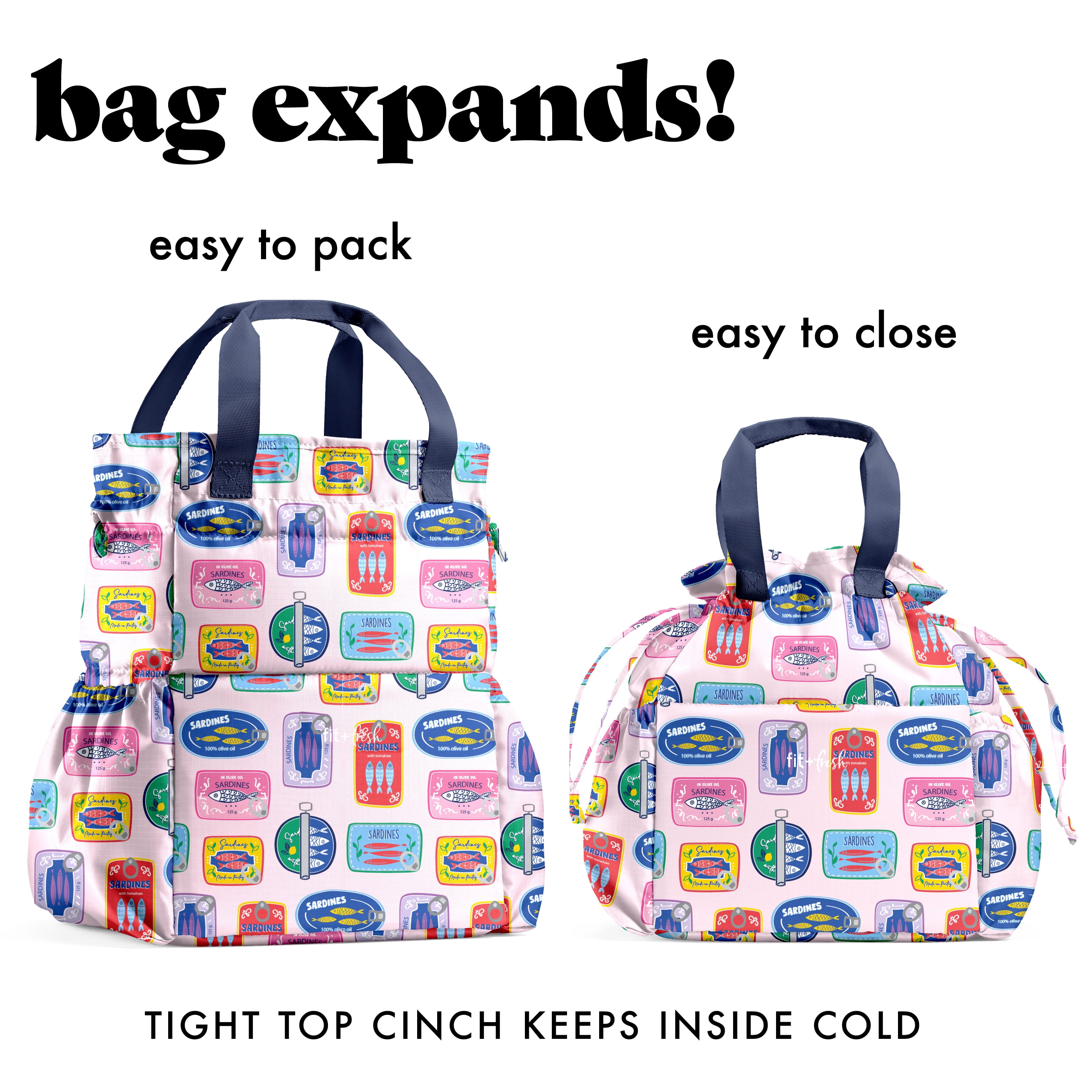 Fit + Fresh Cromwell Women's Lunch Bag, Cinch Closure Lunch Box With Containers, Assorted Sardine Cans
