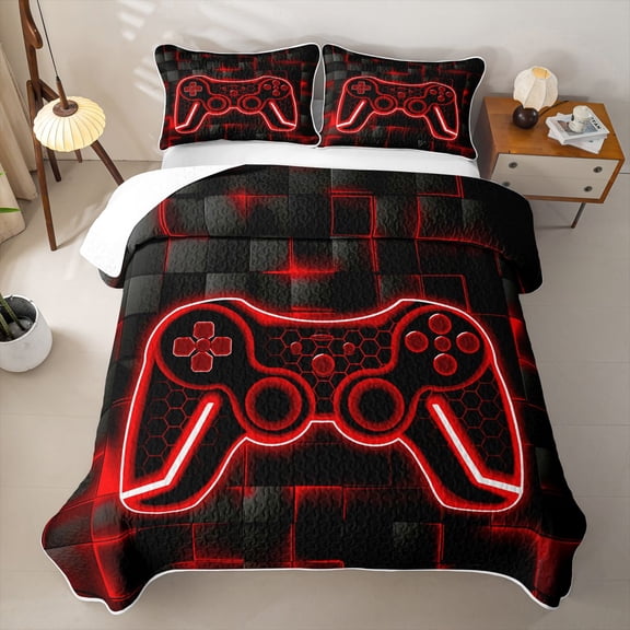 Erosebridal Bright Gamepad Twin Quilt Set,Red Gaming Plaid Twin Coverlet Set For Boys,2-Piece