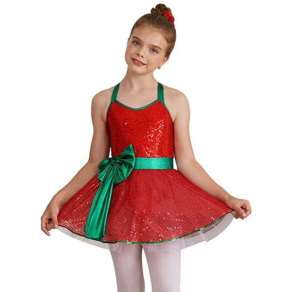 Yruioon Kids Girl Sleeveless Christmas Dance Dress Sequined Elf Cosplay Xmas Holiday Outfits Red 6