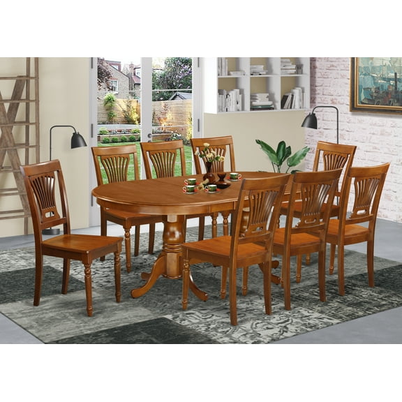 East West Furniture Plainville 9-piece Dining Set with Wood Seat in Brown