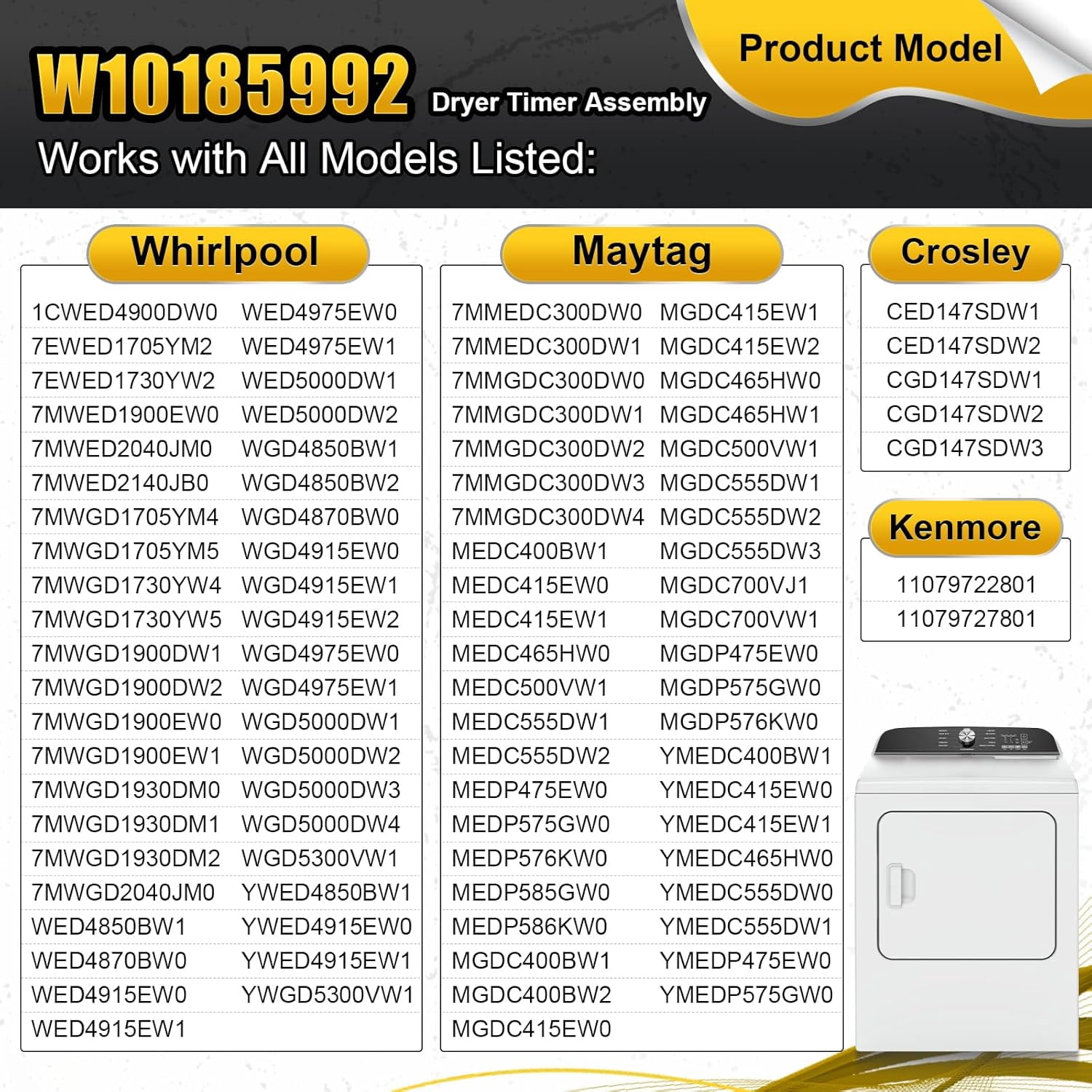 Aniceparthy W10185992 WPW10185992 Dryer Timer Compatible with Whirlpool Maytag Kenmore Crosley Dryer, Replacement Part 1481708 AP6016542 PS11749833 EAP11749833 418-095-20-B5 PD00023641