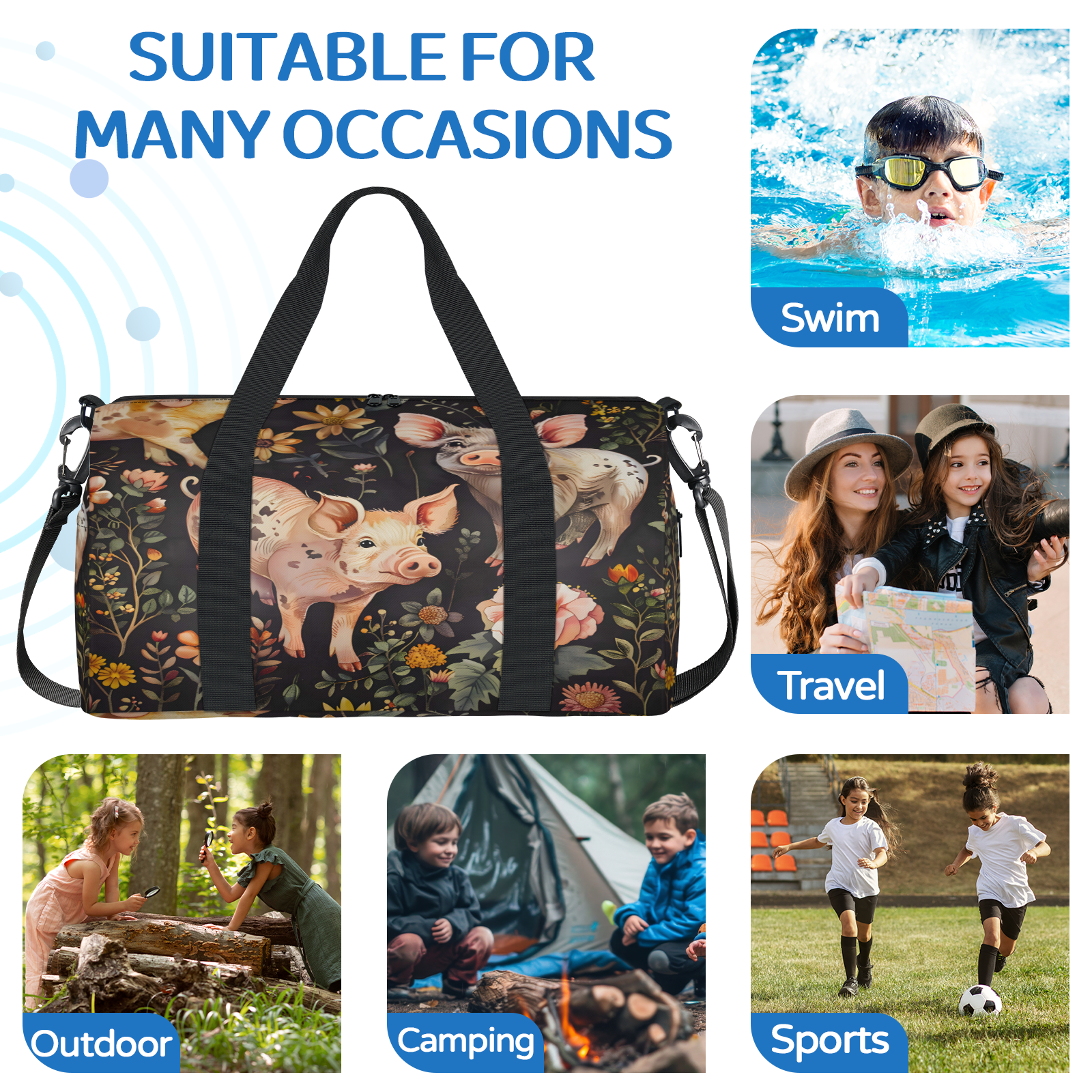 Herdesigns Floral Pig Animal Gym Bag for Women, Duffle Bag for Travel Sport, Lightweight Waterproof Carry on Weekender Overnight Dance Yoga Workout Bags