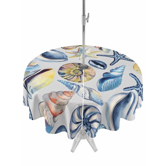 Outdoor Table Cloth with Umbrella Hole and Zipper, Ocean Coastal Waterproof Round Tablecloth 60 Inch, Summer Nautical Starfish Conch Shells Washable Table Cover for Outside Party Patio Picnic