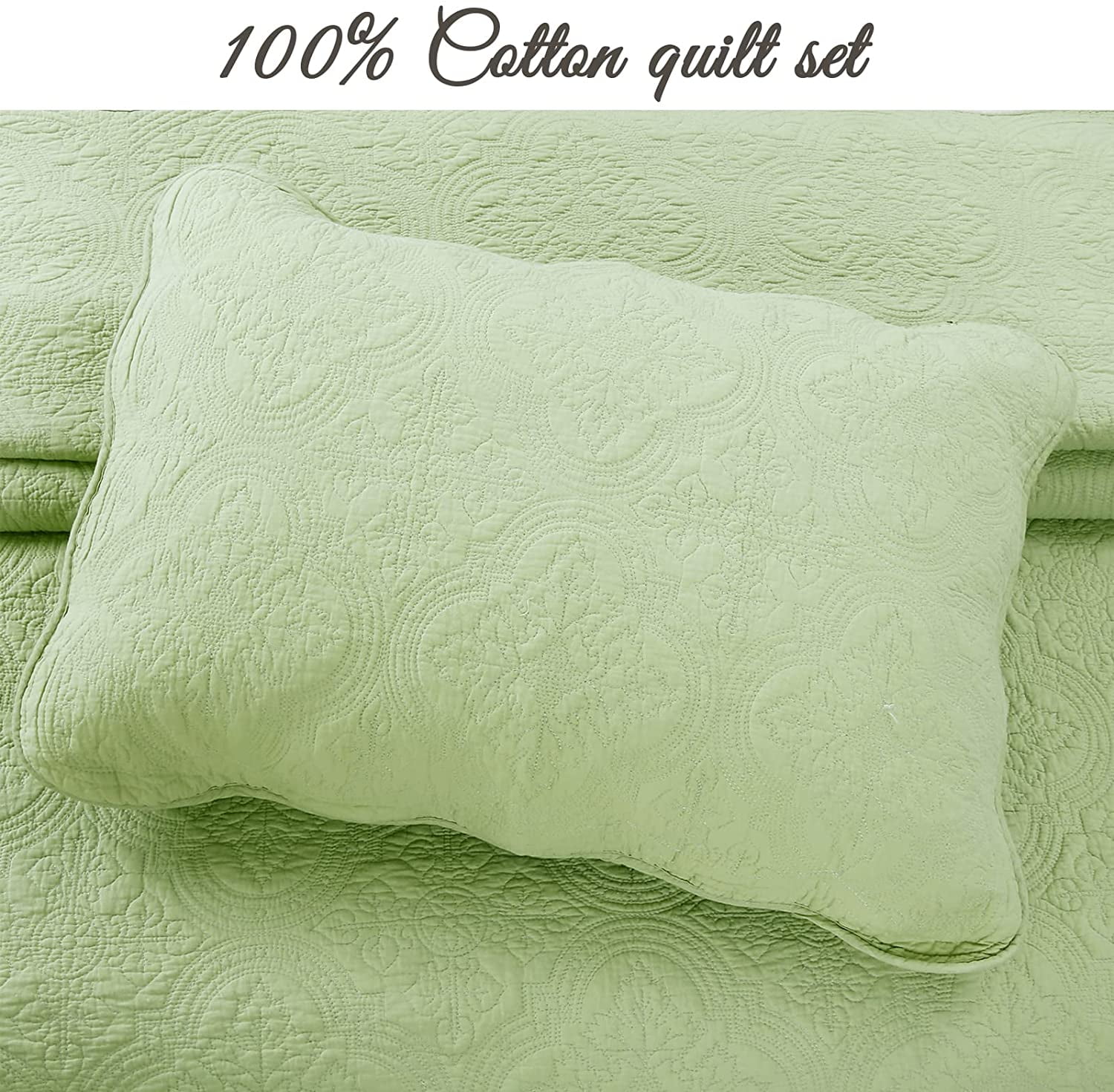 Cozy Line Victorian Medallion Matelasse Scalloped Edge 100% Cotton 3-Piece Green Quilt Bedding Set, Queen
