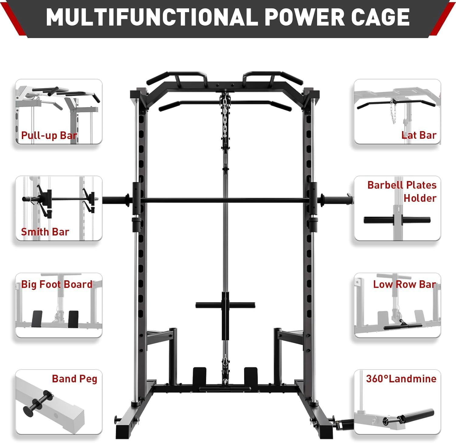 VIBESPARK Smith Machine Power Rack with Lat-Pull Down Pulley System & Cable Row, Multi-Functional Squat Rack Cage with Barbell Bar, Landmine, Pull-up Bar and More Attachment for Home Gym