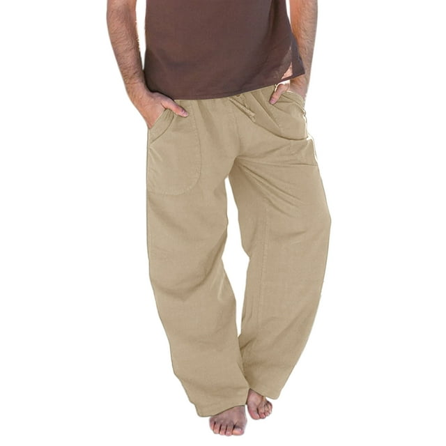 Men's Cotton Linen Beach Pants Lightweight Loose Drawstring Elastic ...