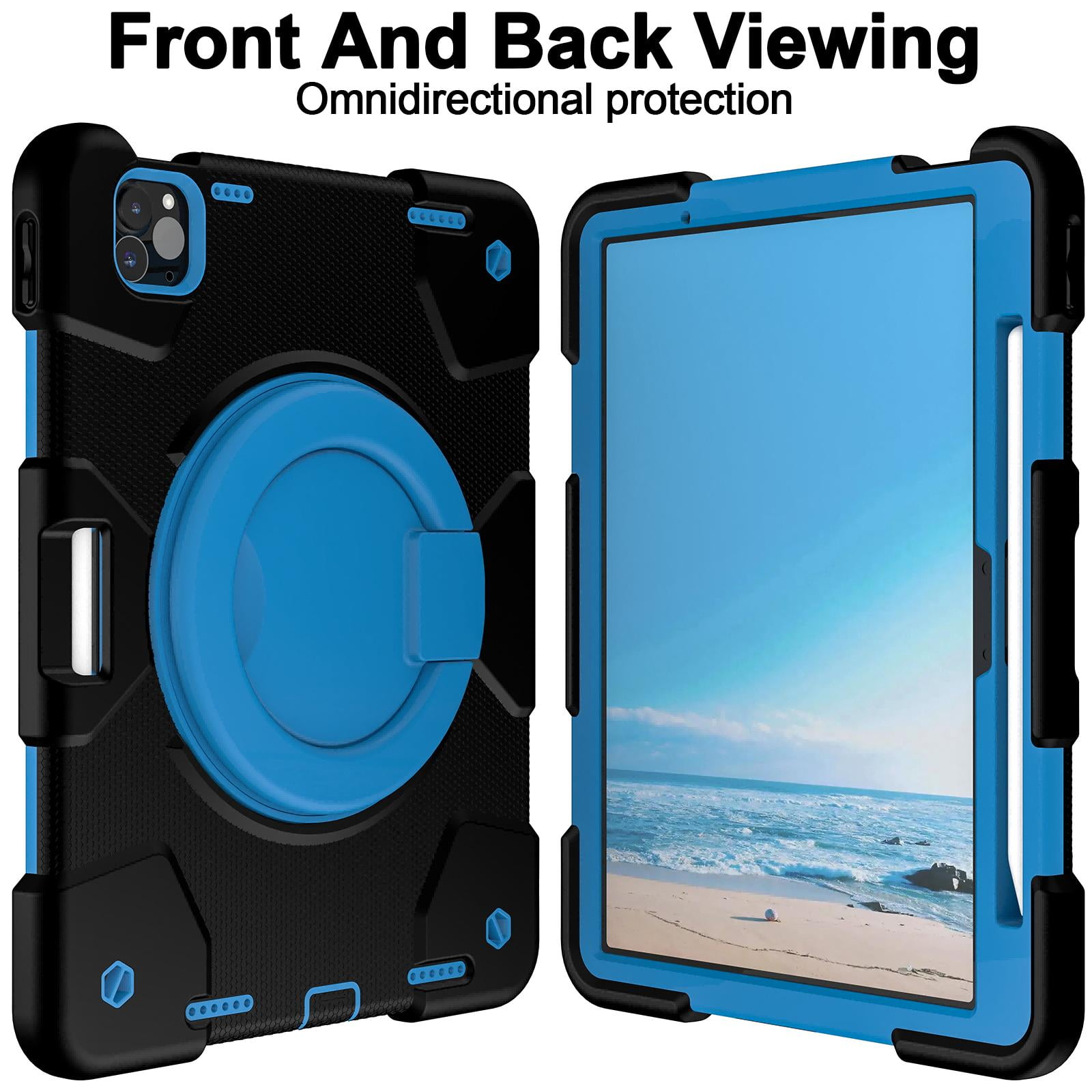 ELEHOLD Military Grade Shockproof Case For Apple iPad Air 11 (2024), Heavy Duty Protection Ring Stand Cover, Adjustable Angel, Detachable Shoulder Strap, Pencil Holder, Black+Blue