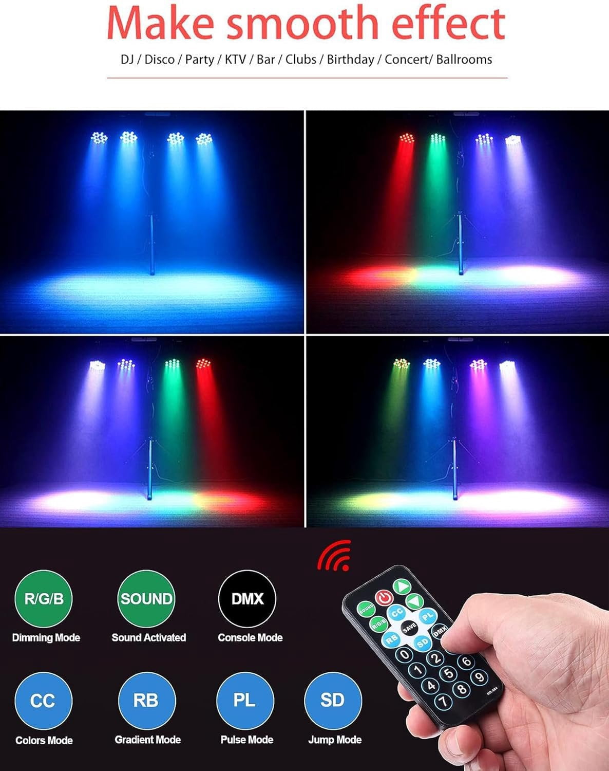 36 LED Stage Lights,DJ Par Lights Sound Activated,DMX & Remote Controlled LED Uplights for Events Wedding Dance Floor Party DJ Live Show-4 Packs