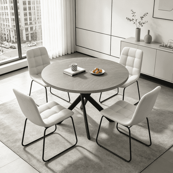 43.5 Inch Round Dining Table Set For 4, 5-Piece Wooden Table with Metal Leg Dining Chairs, Mid Century Modern Small Coffee Set For Dining Room Kitchen Apartment