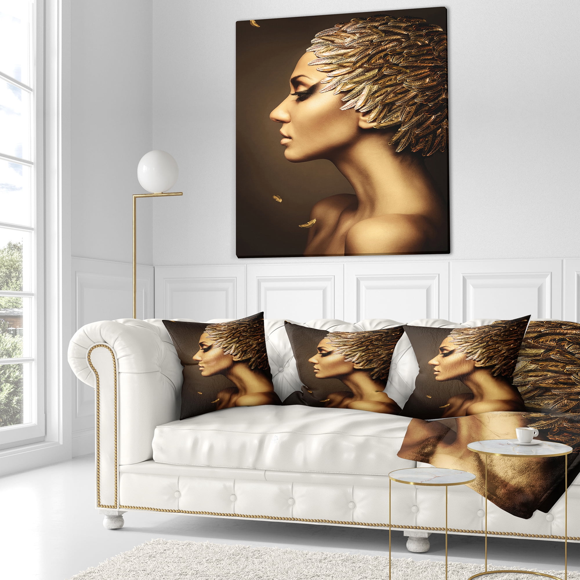 Designart Woman with Gold Feather Hat - Contemporary Throw Pillow - 16x16