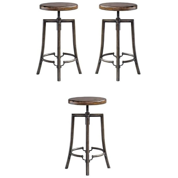 Home Square Adjustable Bar Stool in Dark Walnut and Aged Steel Set of