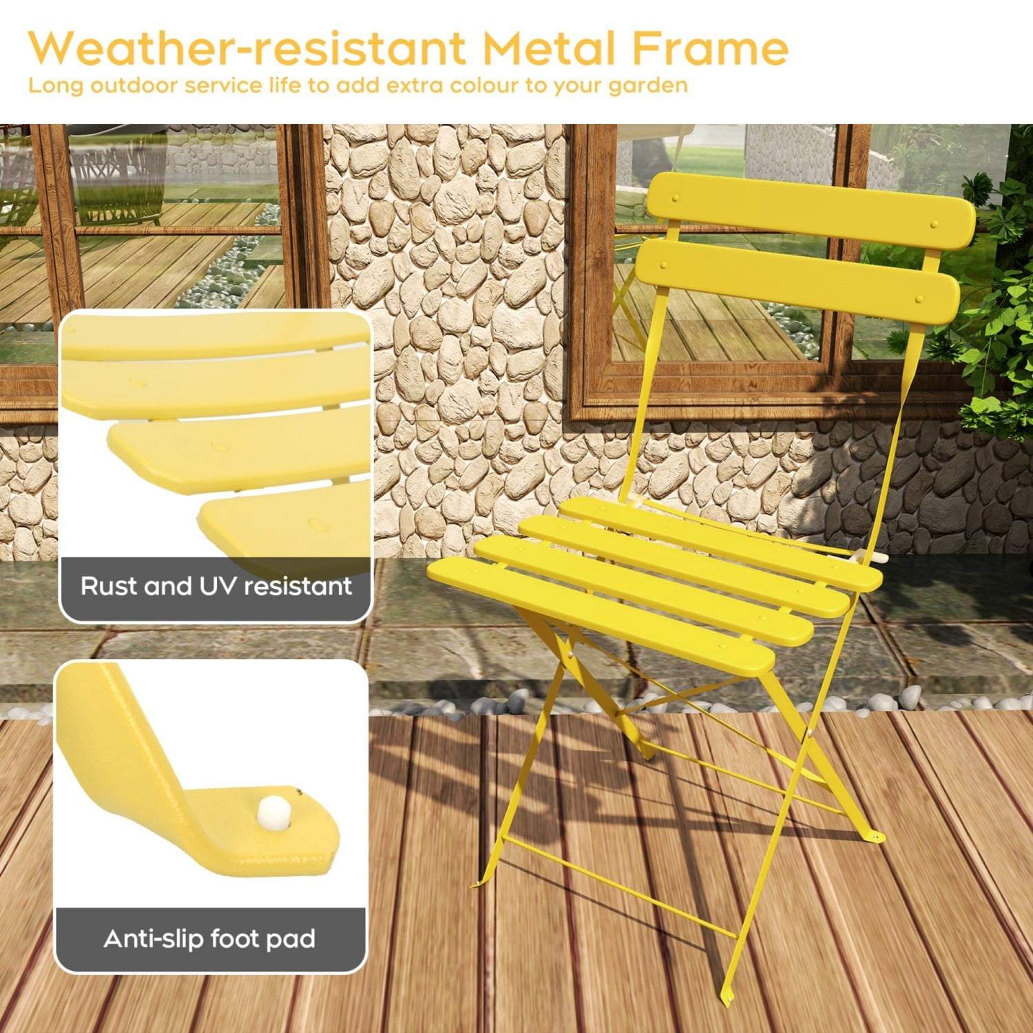 Bistro Table and Chairs Set for 2, 3 Piece Outdoor Patio Bistro Set with Folding Table and 2 Cushioned Chairs, Rust-Resistant Frame, Yellow