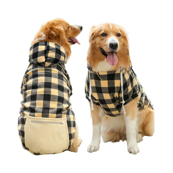 Dog Winter Sweatshirt with Hood and Pocket Pet Hoodies Plaid Pattern Pullover Cold Weather Dog Clothes Pet Apparel for Small Medium Large Dogs