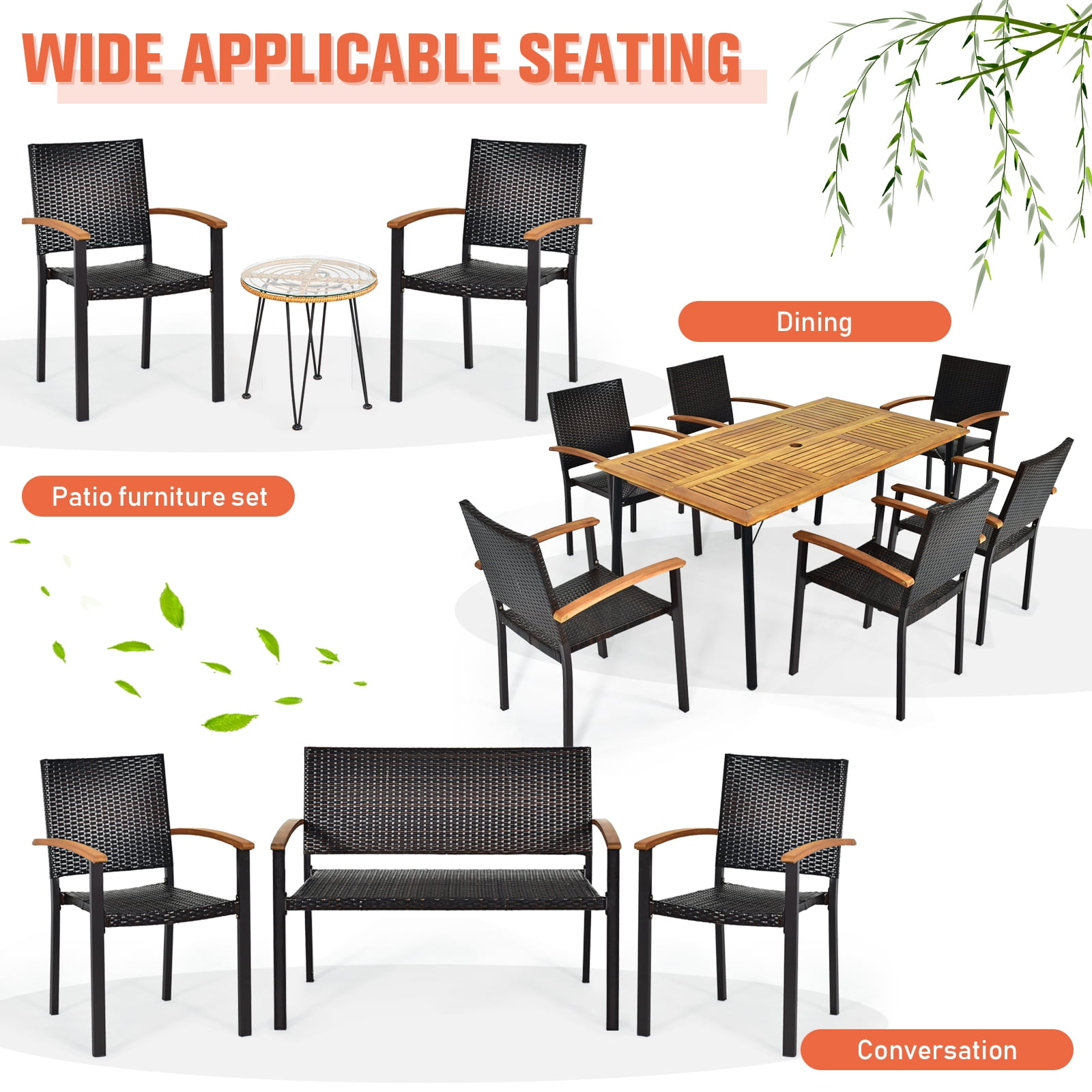 Patiojoy Patio Rattan Dining Armchair 4 Set of Wicker Chair W/Steel Frame Acacia Armrests Indoor&Outdoor