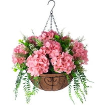 Artificial Flowers in Hanging Basket Planter for Home Spring Decoration, Silk Hydrangea Outdoor Indoor Arrangements, Metal Coconut Lining Basket with Faux Plant(Champagne)