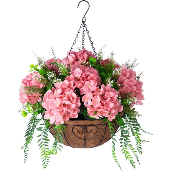 Artificial Flowers in Hanging Basket Planter for Home Spring Decoration, Silk Hydrangea Outdoor Indoor Arrangements, Metal Coconut Lining Basket with Faux Plant(Champagne)