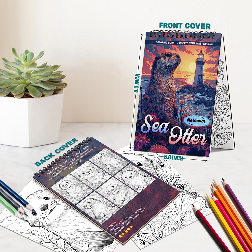 Netecom Sea Otter Coloring Book Spiral Bound For Adults, A5 Wooden Cover, 30 Joyful Coloring Pages of Marine Creatures for Stress Relief and Relaxation