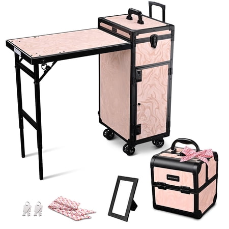 Byootique Rolling Nail Table w/ Makeup Case Cosmetic Organizer Aluminum Pink