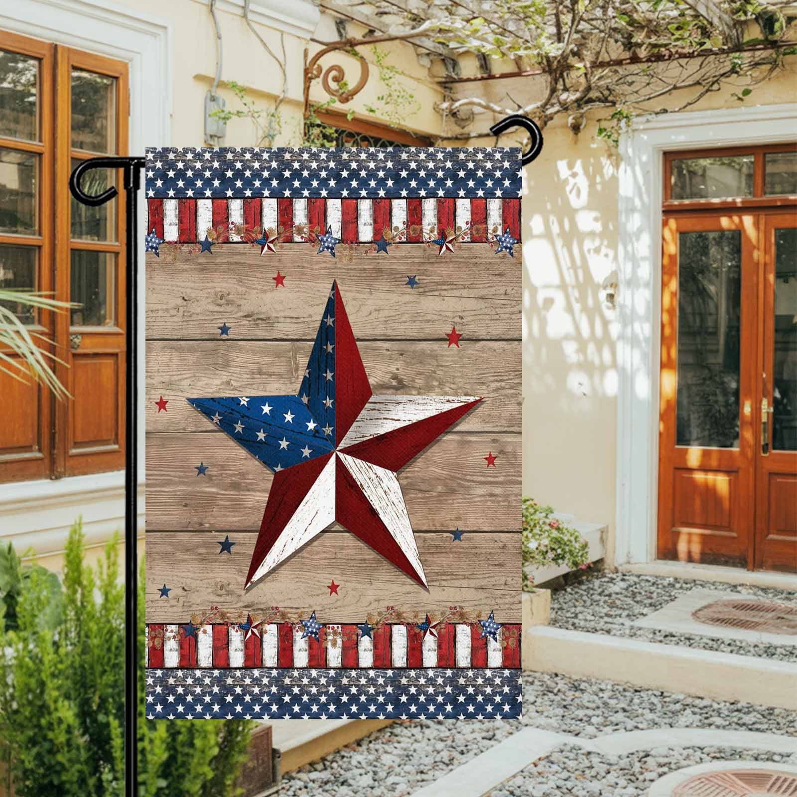 4th of July Garden Flags Patriotic Stars Garden Flag Double Sided Welcome Flag Red White and Blue Wood Grain Independence Day Yard Flags for Outdoor Lawn Porch Memorial Day Holiday Decor 28x40 Inch