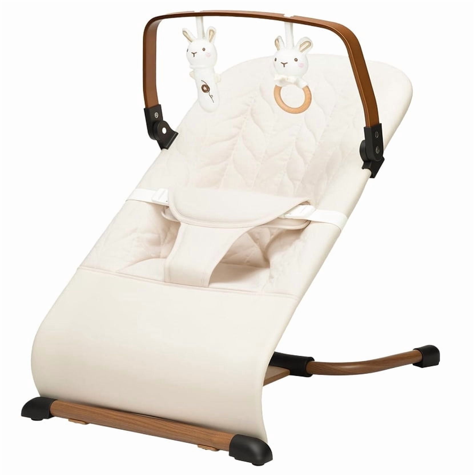 suihuooo Foldable Baby Bouncer With Removable Wooden Bar for Infant 0-18 Months,Beige