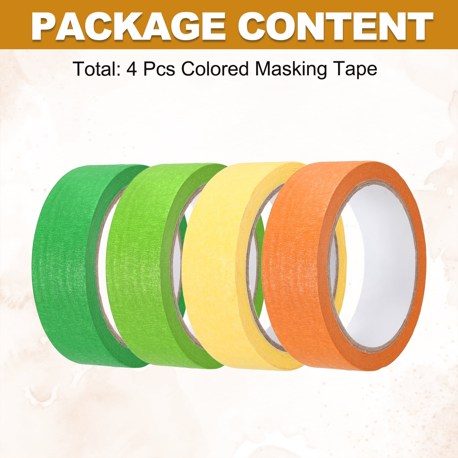 4pcs 1-3/16" x 22 Yard Colored Masking Tape, Yellow Orange Green