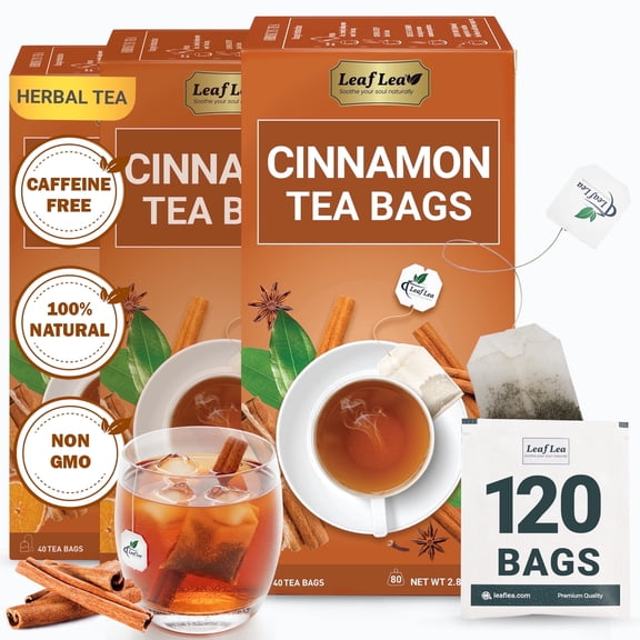 LeafLea 120 Cinnamon Tea Bags - Herbal Hot Cinnamon Spice Tea, Caffeine-Free, Sugar-Free, Vegan
