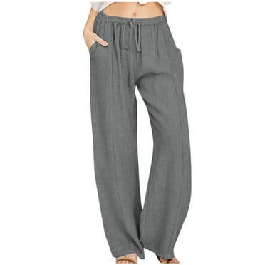 Aofany Pants for Women Flowy Casual Drawstring Waist Wide Leg Loose Cotton Linen Palazzo Pants with Pocket