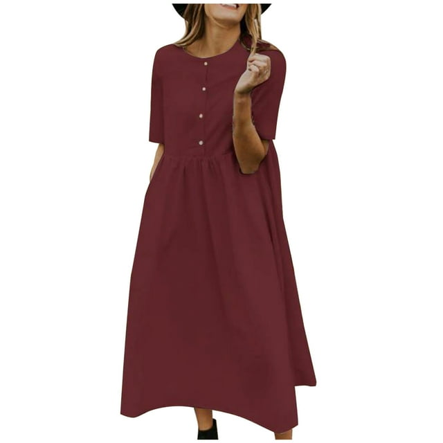 Linen Dresses for Women Summer Women Summer Casual Solid Short Sleeve Dresses Button Cotton Linen Loose Dress Short Sleeve Dresses for Women Short Summer Dresses for Women