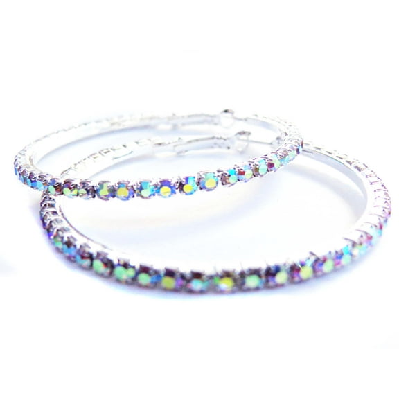 Crystal Rhinestone Silver Tone Hoop Earrings 2 inch Hoops Iridescent ABS
