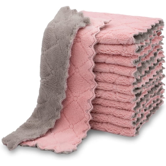 12 Pack Kitchen Cloth Dish Towels, Premium Dishcloths, Super Absorbent Coral Velvet Dishtowels, Nonstick Oil Washable Fast Drying (Green-Grey)
