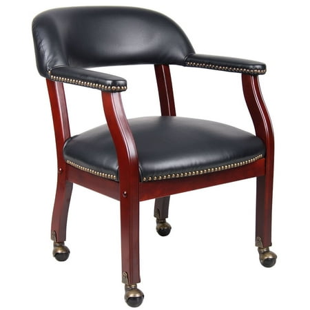 Traditional Captain's Chair In Black Vinyl Leather Luxurious Conference Guest Chair Letherette Side Chair Wooden Frame with Casters