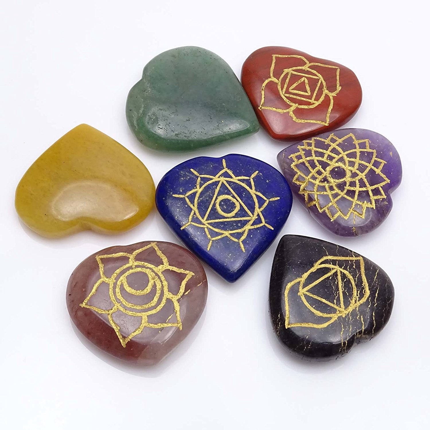 Harmonize 7 Multistone Heart Shape Set Chakra Symbol Reiki Healing Crystal Feng Shui Gift Table Decor