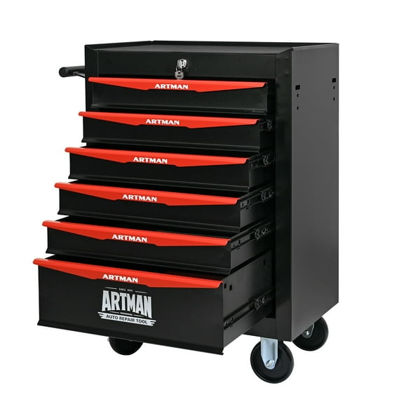 20" Rolling Metal Tool Chest with 6 Drawers, Ball Bearing Slides, Steel Tool Storage Organizer, Black & Red
