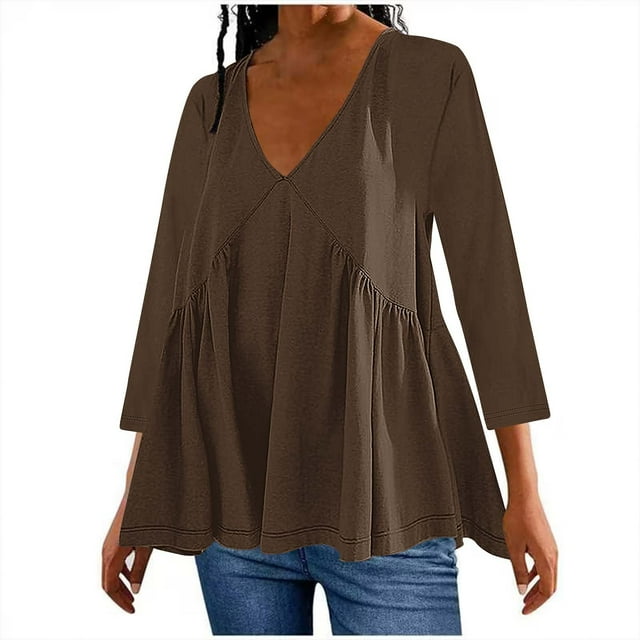 AherBiu Tops for Women Trendy 3/4 Sleeve Cute Ruffle Shirts Summer Flowy Comfy V Neck Ruched Blouses