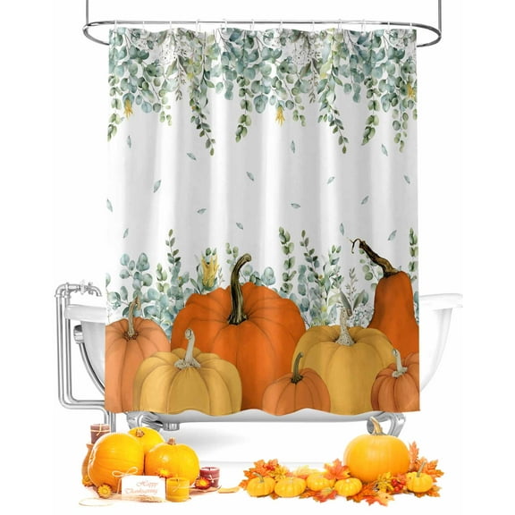 Fall Watercolor Shower Curtain Set ,Waterproof Fabric Shower Curtains Orange Thanksgiving Pumpkin Eucalyptus Leaf Shower Curtains for Bathroom,Bathroom Decor 36"x72"