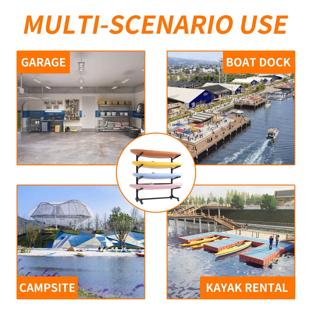 80" Freestanding Kayak Storage Rack – Holds 4 Kayaks, Adjustable with Lockable Wheels, Heavy-Duty