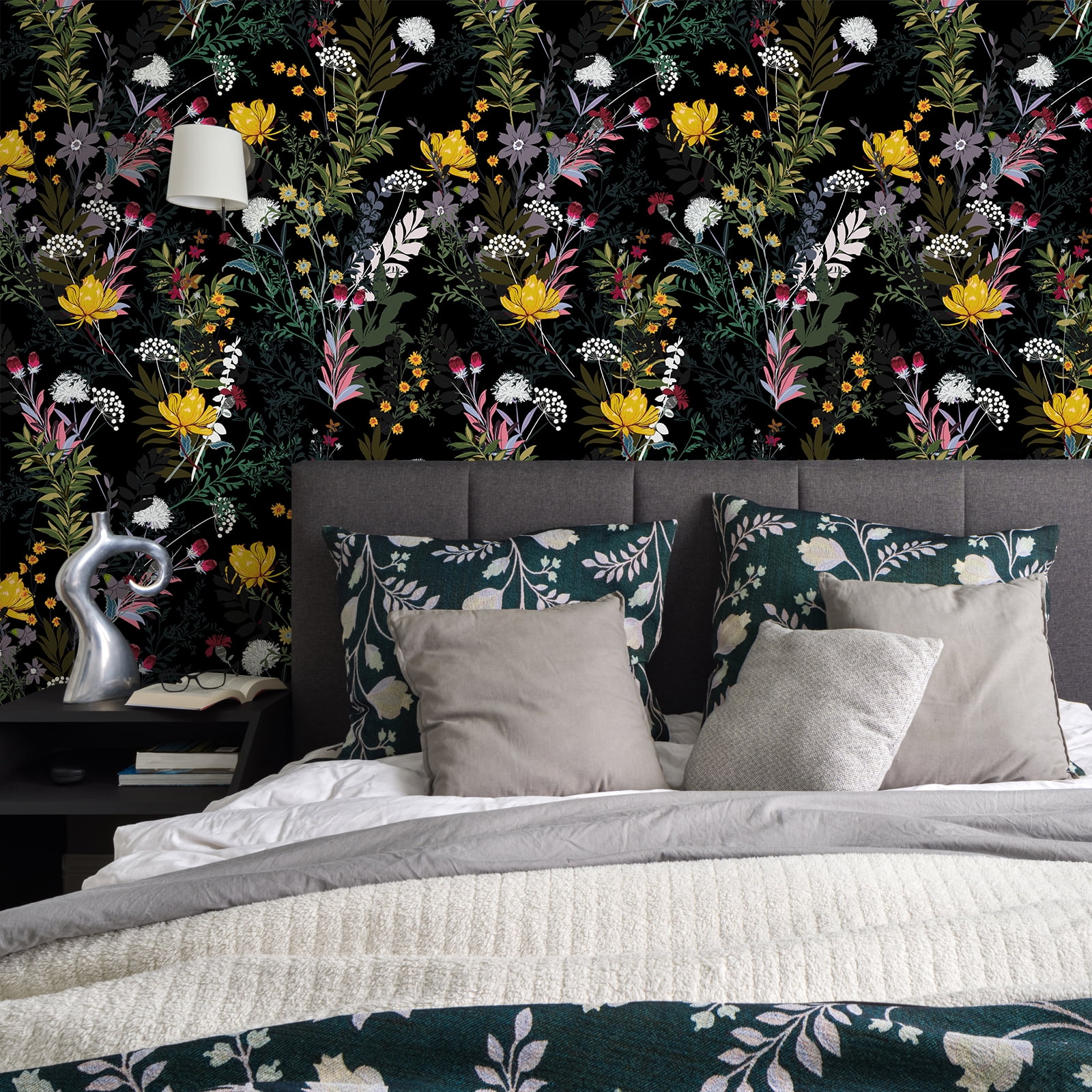 VEELIKE Dark Meadow Flowers Floral Peel and Stick Wallpaper Vintage Floral Wallpaper Mural Prepasted Removable Wallpaper 17.7''x354'' Vinyl Contact Paper Decorative for Bathroom Walls Cabinets Shelves