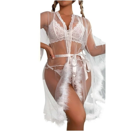 

Hesxuno Womens Nightgown Sexy Gauze Perspective Splicing Large Sleeve Bathrobe