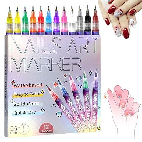 Fine Tips 3D Nail Art Pens, 12 Colors Nail Marker Pens Nail Point Graffiti Dotting Drawing Painting Liner Pen for Home Salon Quickly Dry Nail Art