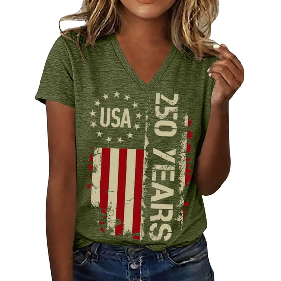 Women's 250th Anniversary USA Shirt V-Neck - 1776-2026 250 Years T-Shirt American Flag Patriotic Top Distressed Vintage Tee for Memorial Day 4th of July(Army Green/S)