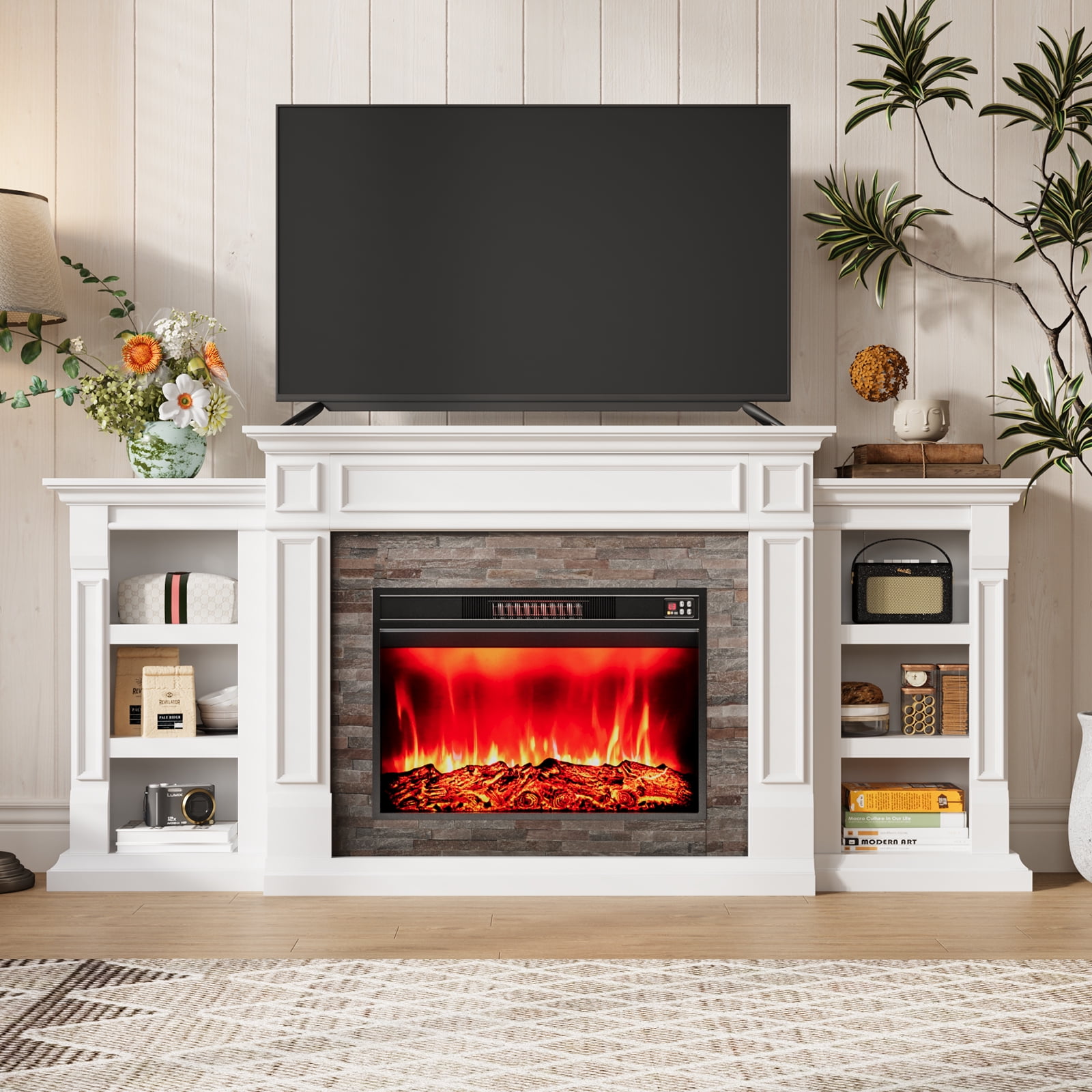 80" Fireplace Mantel with 30" Electric Fireplace and Bookshelves, Wooden Storage Freestanding Heater with Remote Control,White