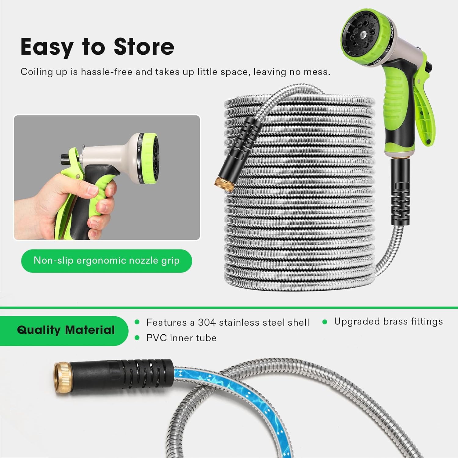 Metal Garden Hose 50ft, 304 Stainless Steel Garden Hose, Heavy Duty Water Hoses with 10 Function Hose Nozzle, Flexible, No Kink & Tangle, Puncture Proof Hose for Yard, Outdoors, Rv