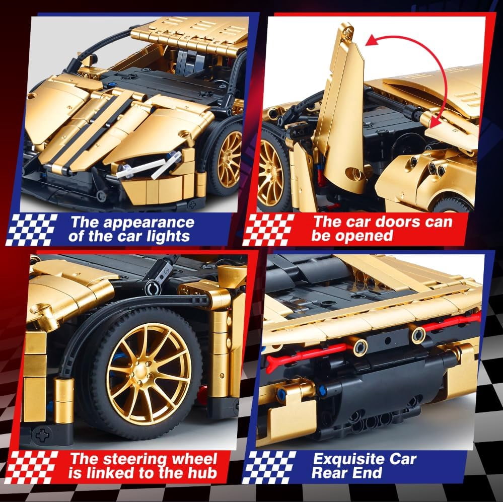 Sports Car Building Set for Adults - 1:14 MOC Toy Car Building Block, Racing Car Model Kit  (Gold)