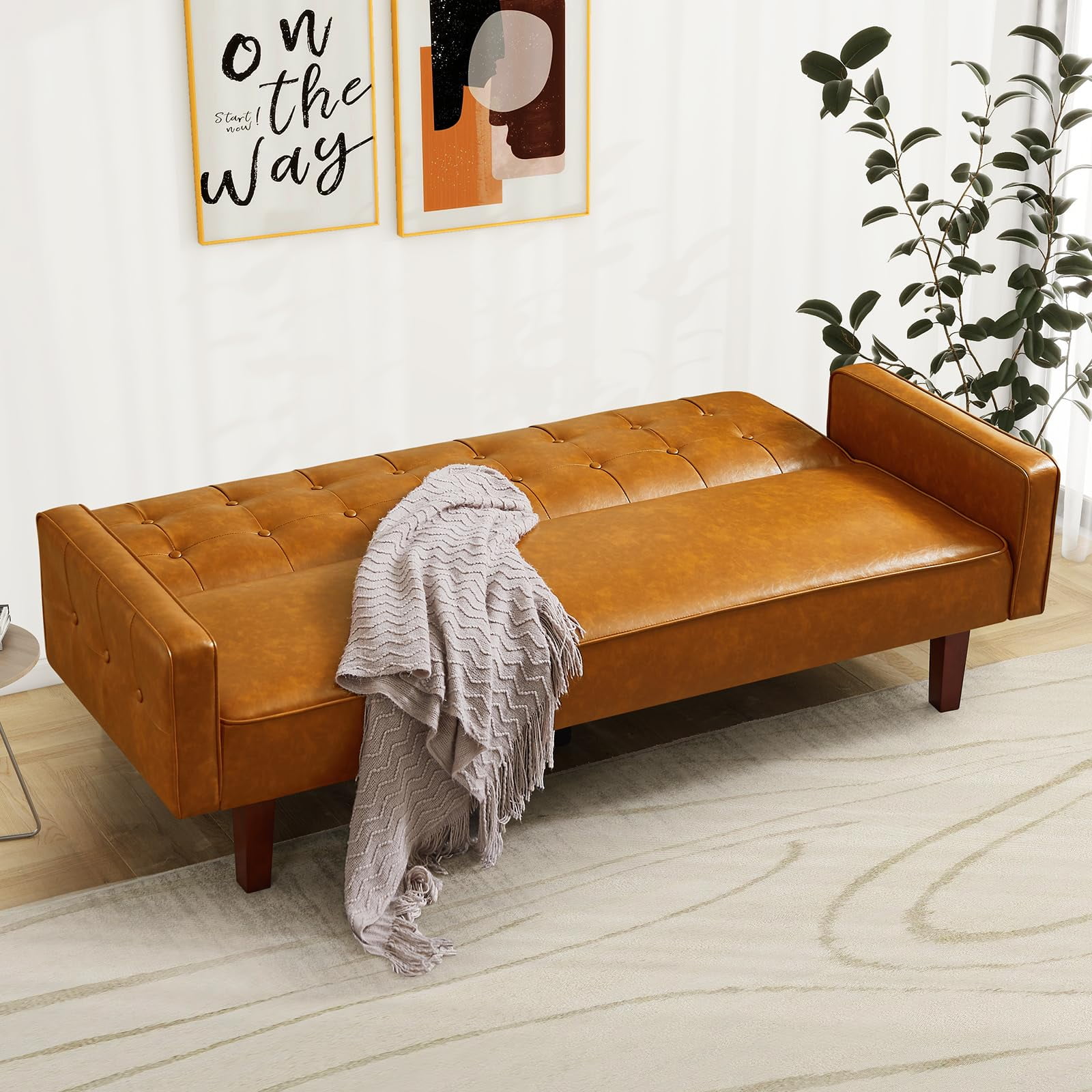 Aukfa 75" Button-Tufted Futon Convertible Sofa Bed for Home Office, Leather, Brown