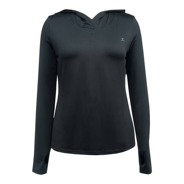 sudadera danskin now talla g sustentable cerrada con capucha lisa negra Sudadera negra talla G de ajuste relajado con cuello alto y capucha integrada, mangas largas con orificio para pulgar, bolsillos laterales y logo pequeño en el pecho; tejido suave y secado rápido según especificaciones, ideal para entrenamiento o uso diario y adecuada para capas ligeras al viajar.