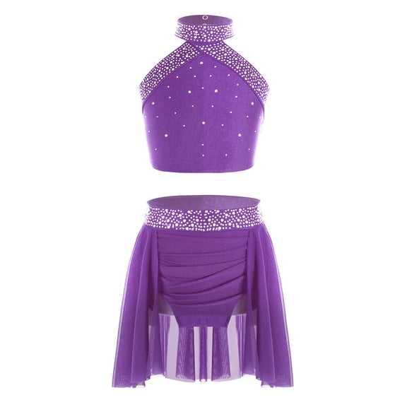 Yanarno Big Girls Lyrical Ballet Modern Dancewear Costume Two-Pieces Jazz Latin Dance Set for Performance Purple 14