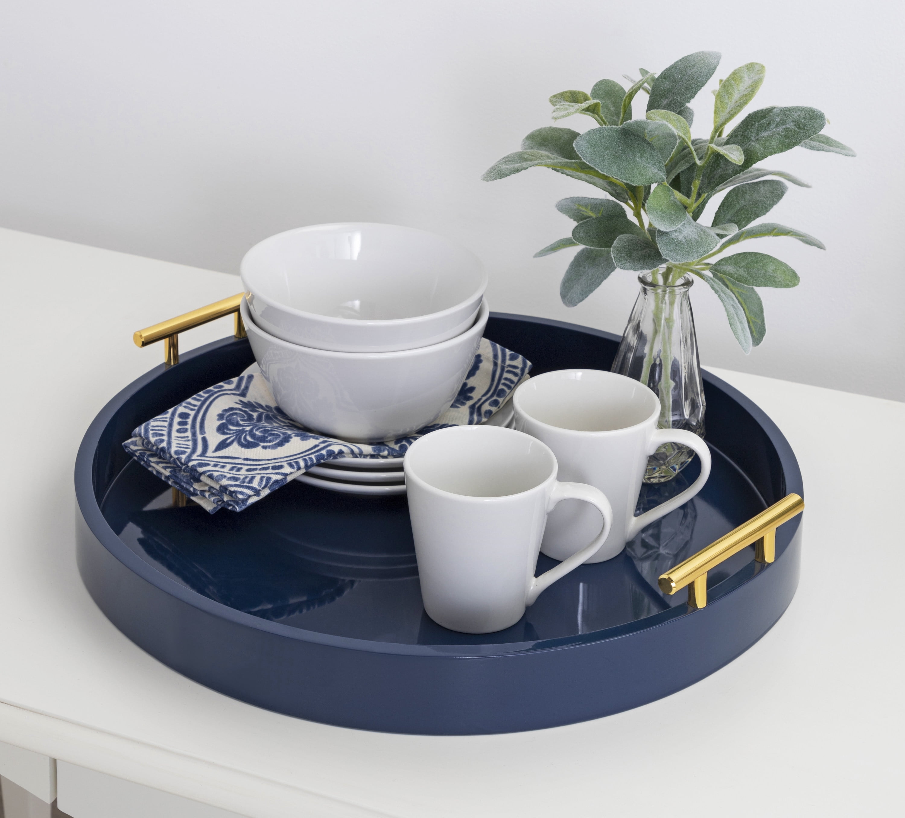 Kate and Laurel Lipton Modern Round Tray, 18" Diameter, Navy Blue and Gold, Decorative Accent Tray for Storage and Display